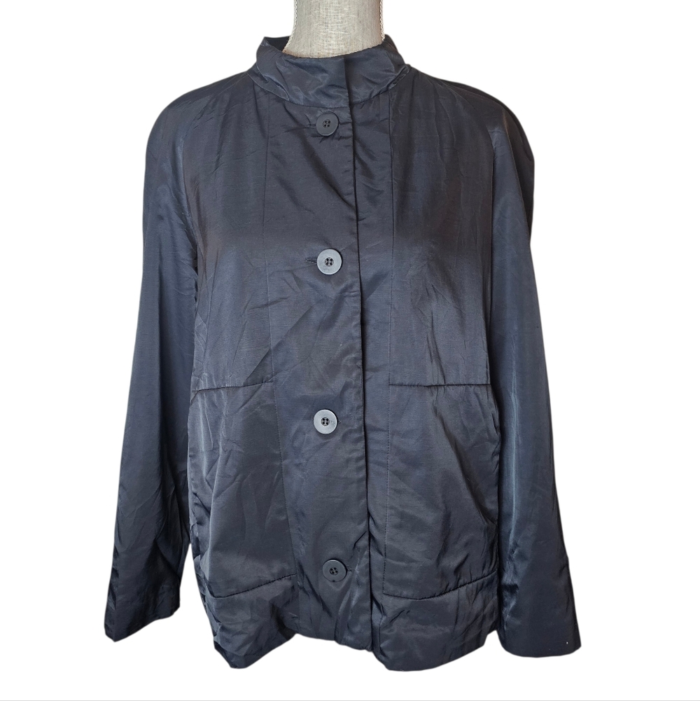 Eileen Fisher Button-Up Jacket Women Size L Black Satin Fleece-Lined Funnel Neck